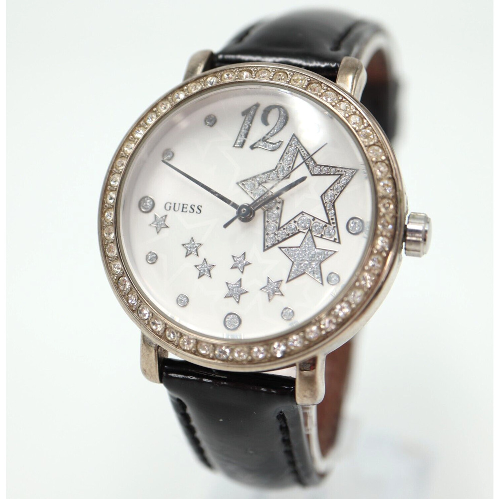 Guess Women Watch Silver Tone 36mm Silver Jewel Dial Leather Strap w New Battery